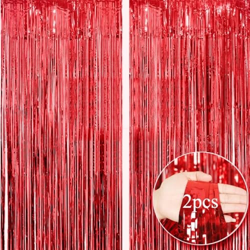 2pcs 3.2ft x 6.5ft Foil Fringe Curtain Door Curtains Metallic Tinsel Curtains Streamers for Birthday Graduation Wedding Engagement Bridal Shower Bachelorette Holiday Party Decoration (Red)