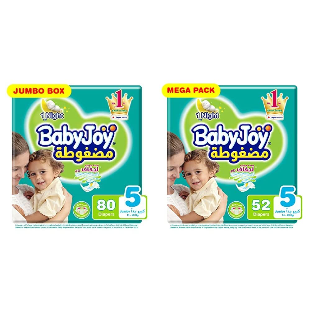 BabyJoyCompressed Diamond Pad Diaper, Jumbo Box Junior Size 5, Count 80, 14-23 Kg & Compressed Diamond pad Diaper, Mega Pack Junior Size 5, Count 52, 14-25 KG
