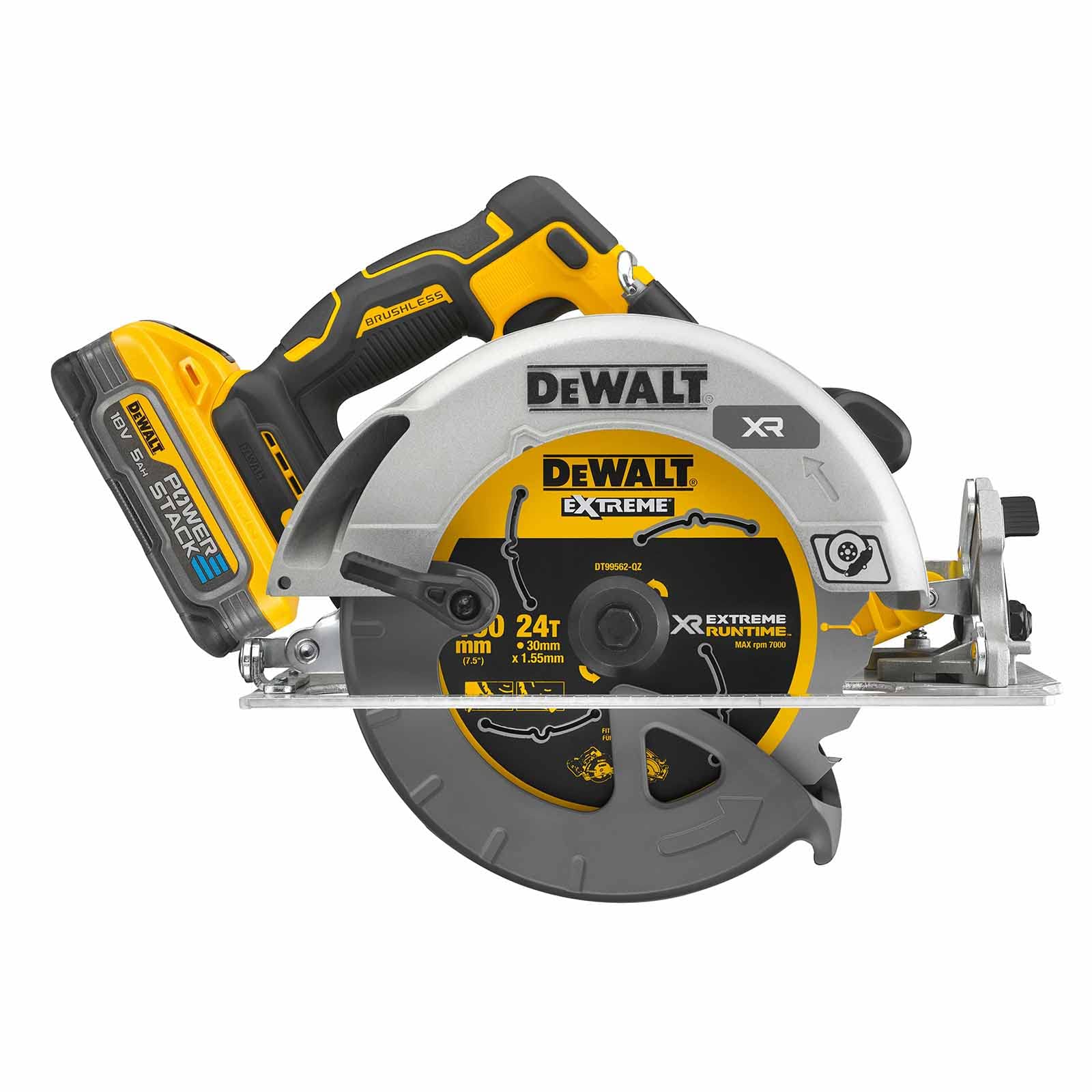 DeWALT DCS573H2T-QW akumulatorowa pilarka tarczowa, 18 V, 5 Ah, Ø 190 mm, akumulatorowa piła tarczowa z akumulatorem PowerStack