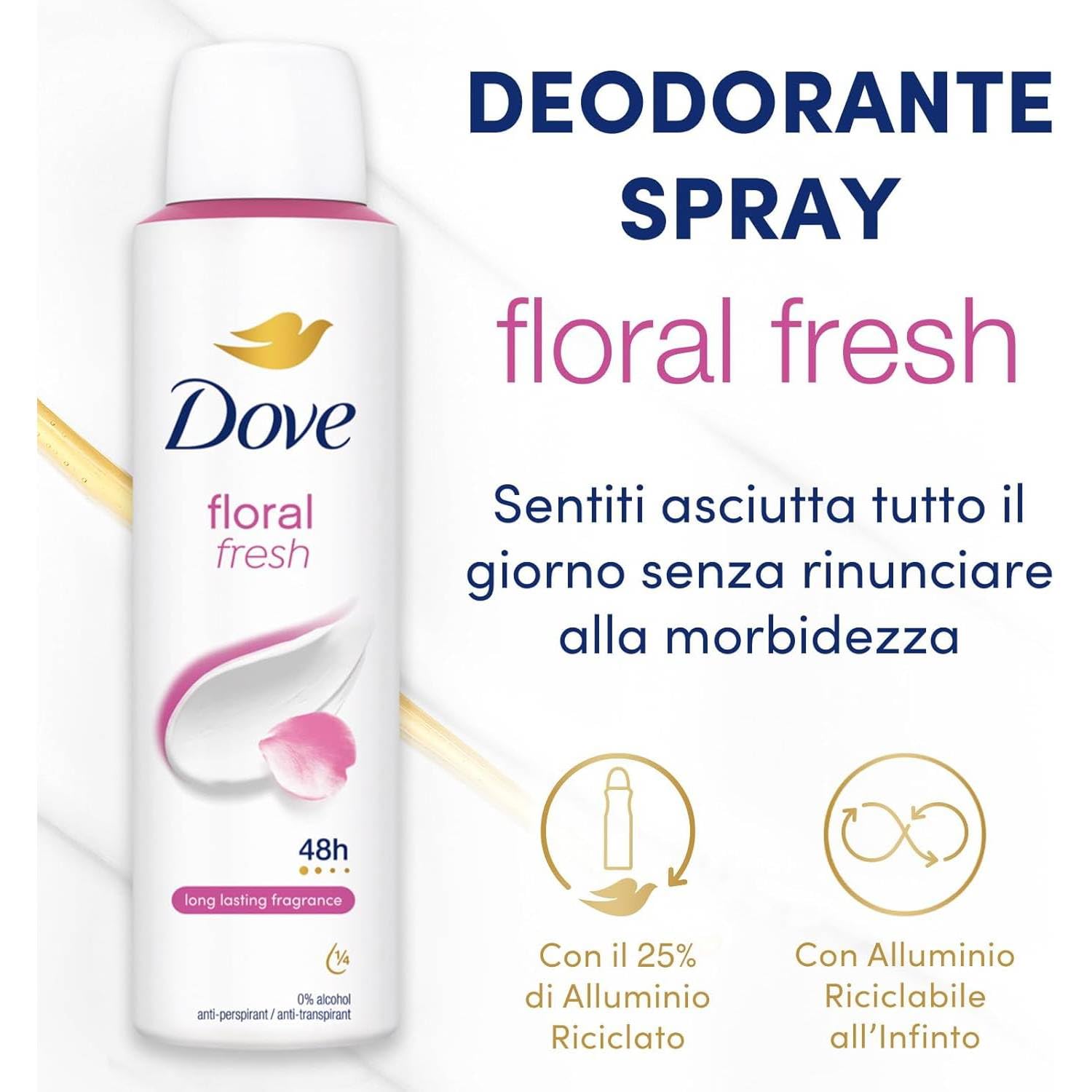 Dove Floral Fresh Deodorant Anti-Transpirant 48H ohne Alkohol, mit 1/4 Feuchtigkeitscreme, Blumenduft, 150 ml (12)