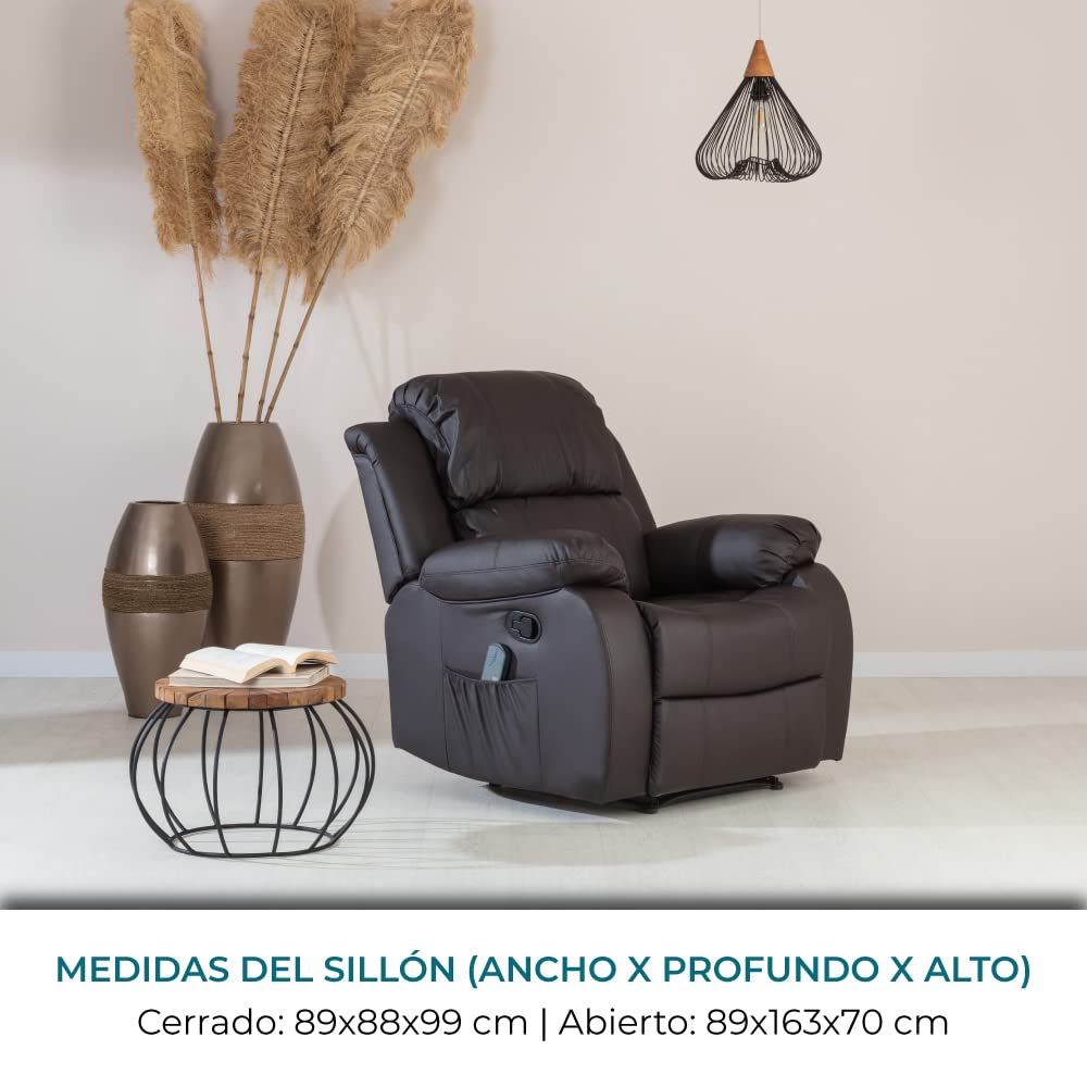 Don Descanso - Sillón Masaje Relax Calor Trevi Choco Reclinable 160º con 8 Motores Silenciosos, Calor Lumbar, Sist. Masaje 4 Zonas y Acabado en PU Anti-Cuarteo [Incluye Mando]. Ideal Gente Mayor