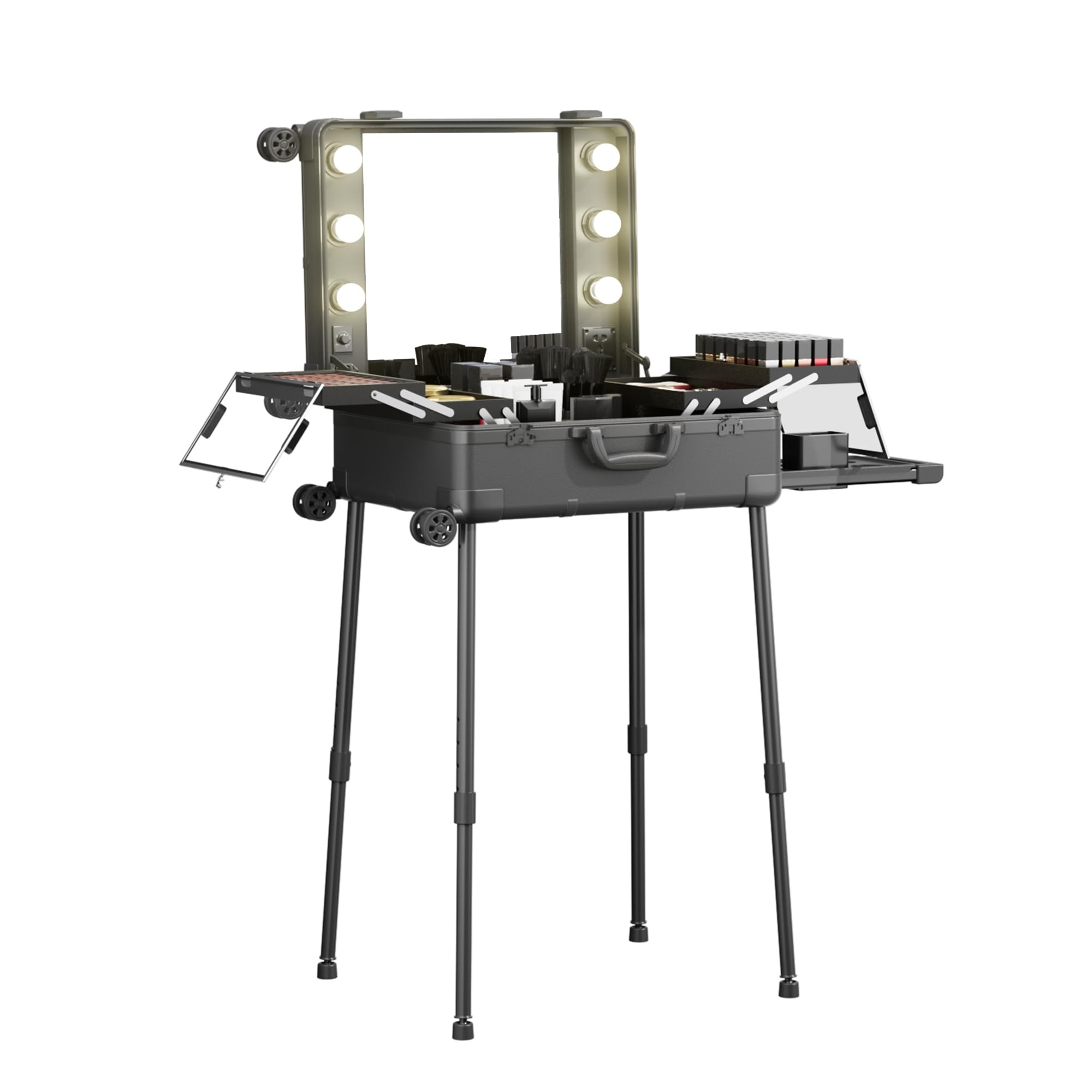 Valise de Maquillage à roulettes en Aluminium, Grand Miroir avec 6 Ampoules, Organisation de Cosmétiques avec Serrure à Code, Station Mallette Maquillage Pliable pour Voyage et Studio Professionnel