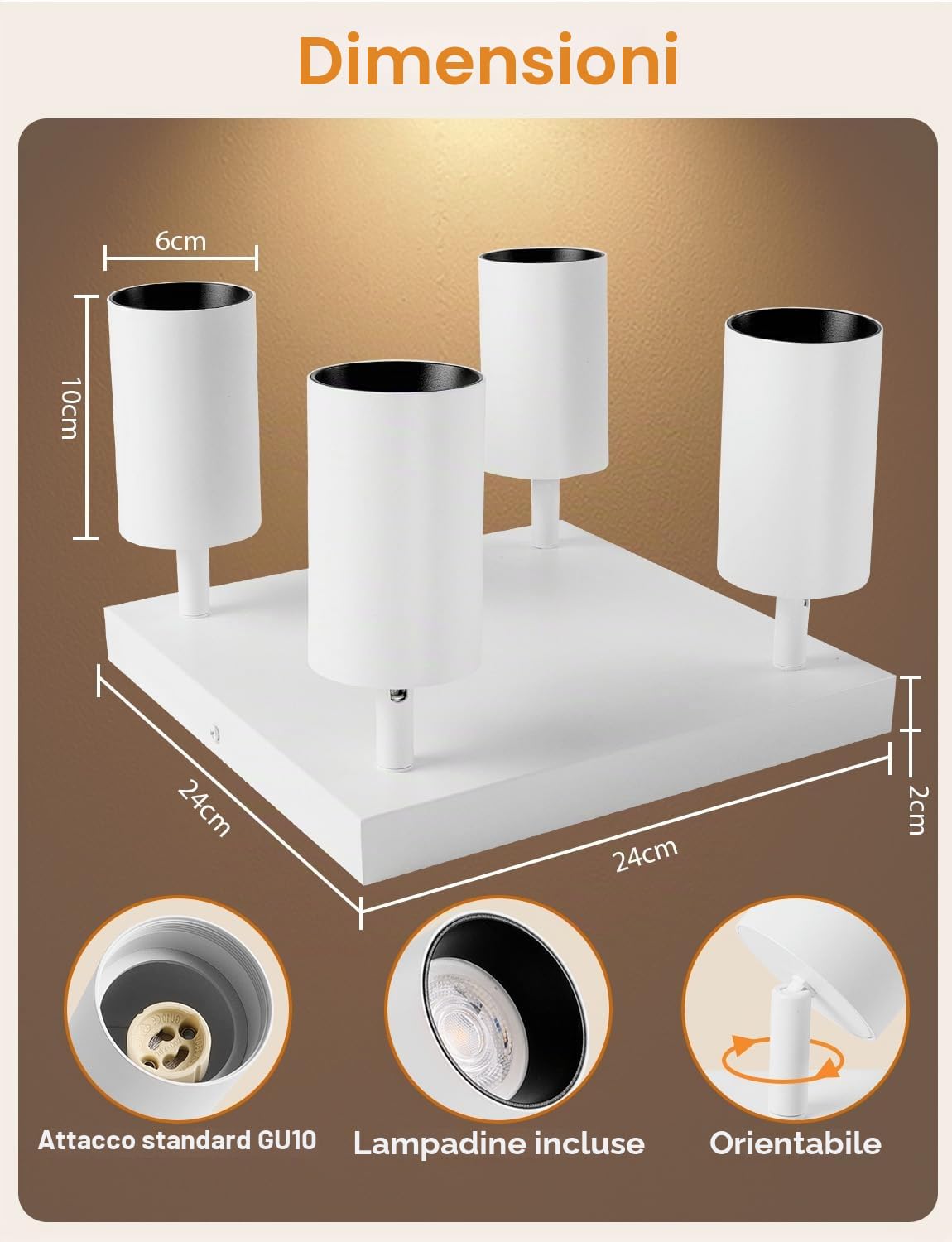 KYOTECH Faretti Da Soffitto LED 4 Luce Bianco, Orientabile 350°+90° Faretti LED Soffitto Alluminio GU10 5W 400LM, Moderna Faretti Soffitto Per Cucina Soggiorno Camera Da Letto (Lampadina Inclusa)