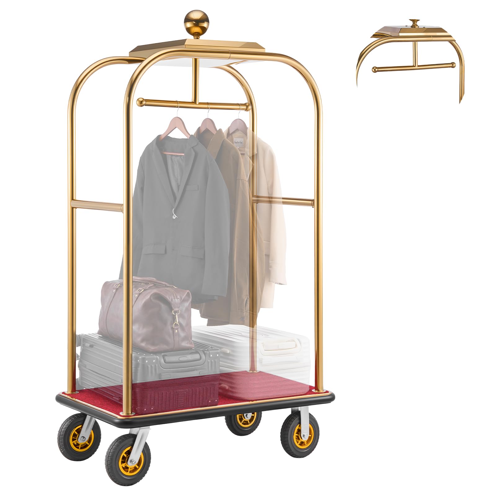 VEVOR Hotel Luggage Cart, 1200 lbs Heavy Duty Bellman Cart with Stainless Steel Frame, 8 in Rubber Wheels, Red Carpeted Deck, Commercial Luggage