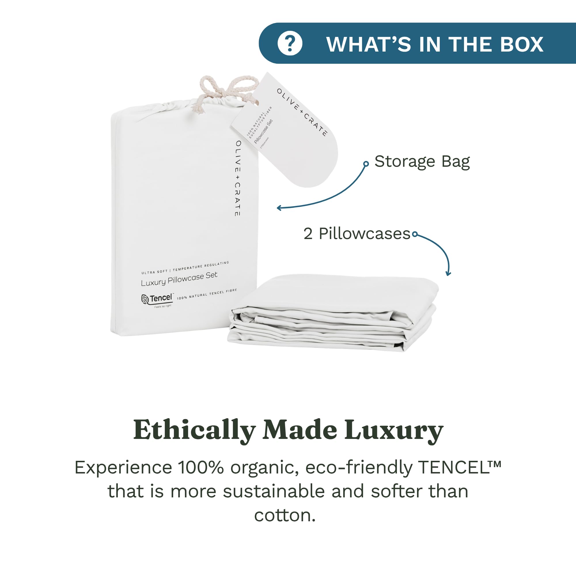 Olive + Crate Eucalyptus Cooling Pillowcases King Size | Certified Tencel Lyocell Fiber | Cool Vegan Silk Static Free for Skin and Hair | Softer Than Cotton and Linen | White