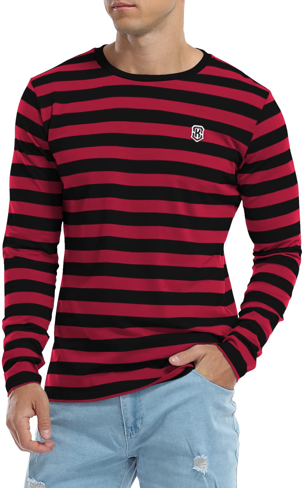 KUYIGO Gestreepte T-shirt met lange mouwen voor heren, katoenen klassieke ronde hals, jonge mode tops, Groen & marine, M