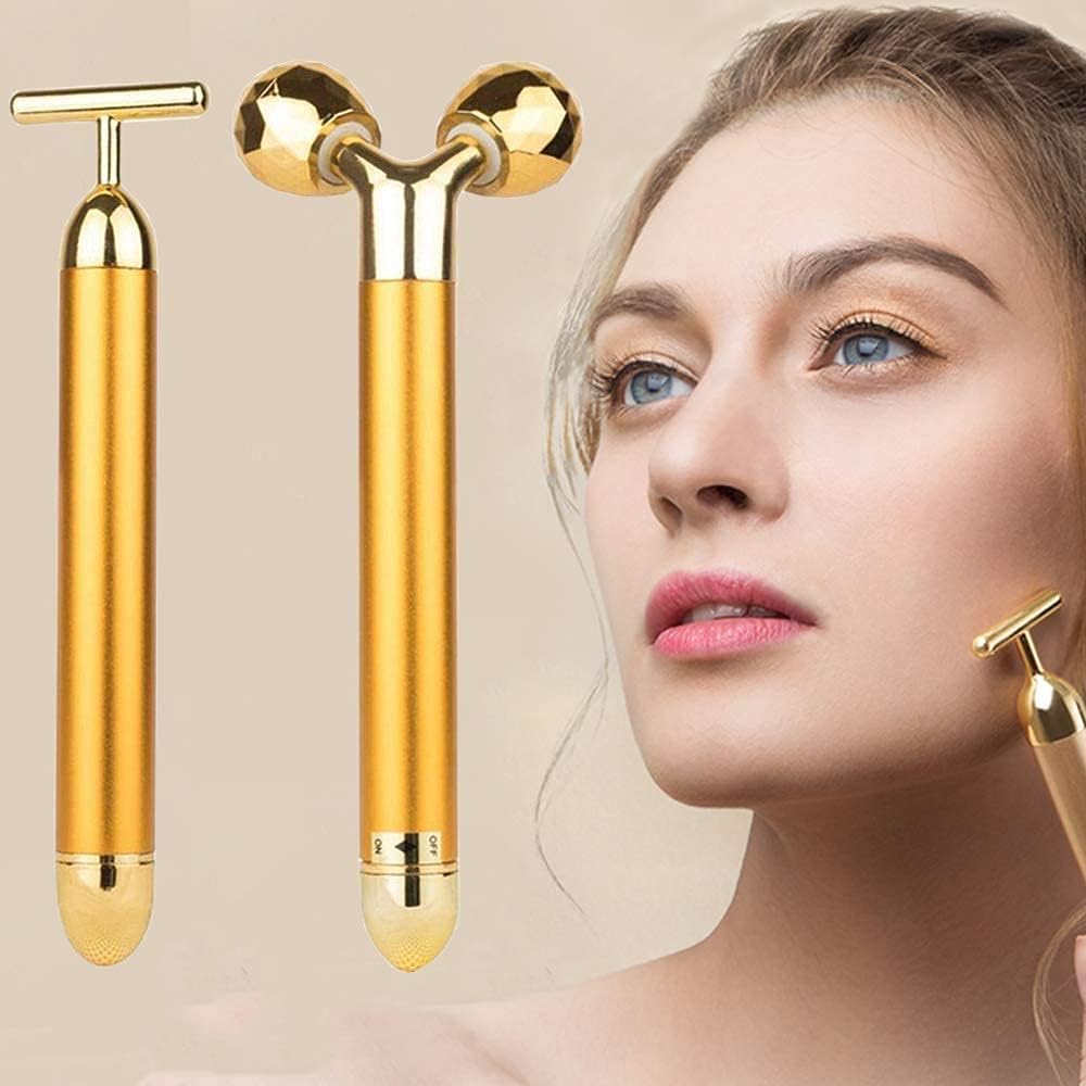 24k Gold 3D Y Shape Facial Roller & T Shape Electric Vibration Massager Combo Set for Women Complete Skin Care-image-37
