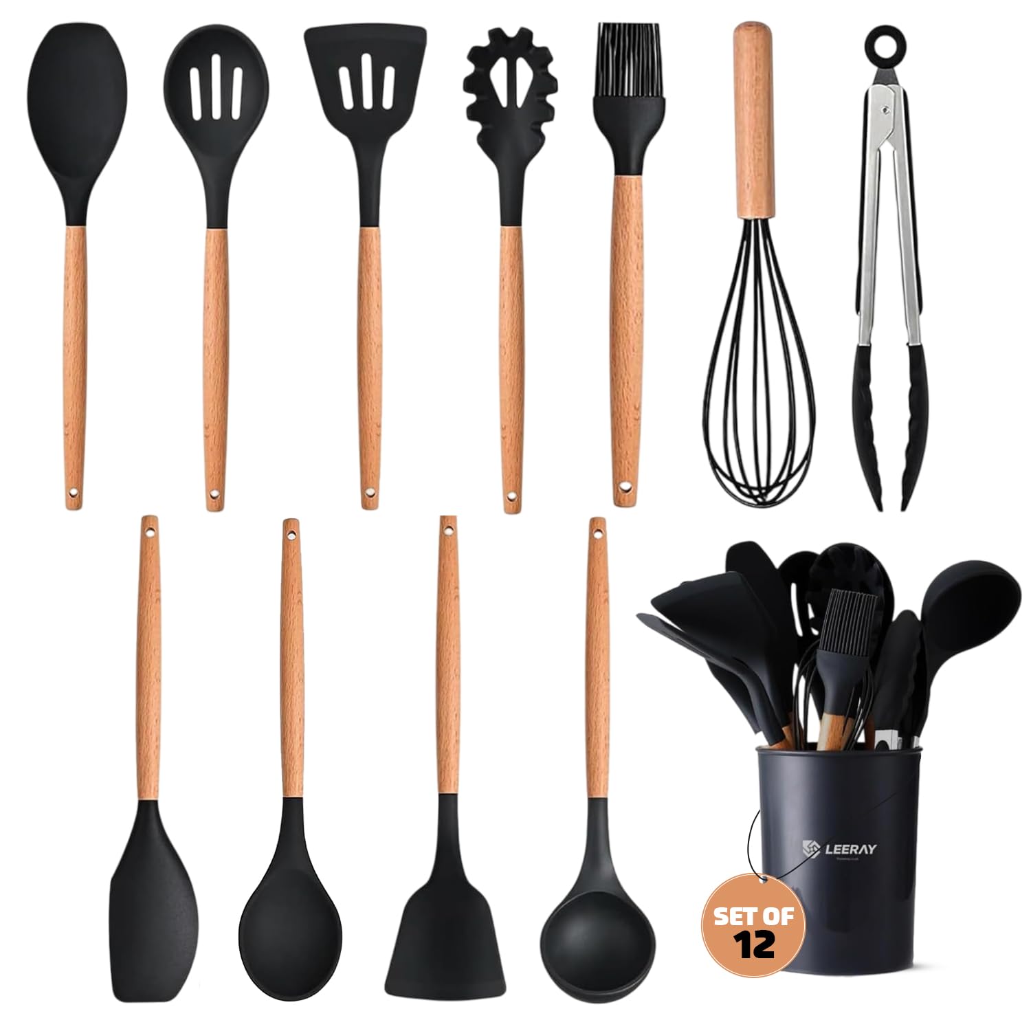 Kitchen Utensil Set - 12 PCS Wooden Silicone Cooking Utensils, Heat Resistant Nonstick Cookware Tools Spatula Spoon Turner Ladle Tongs Brush Holder Sets (Wooden Black)