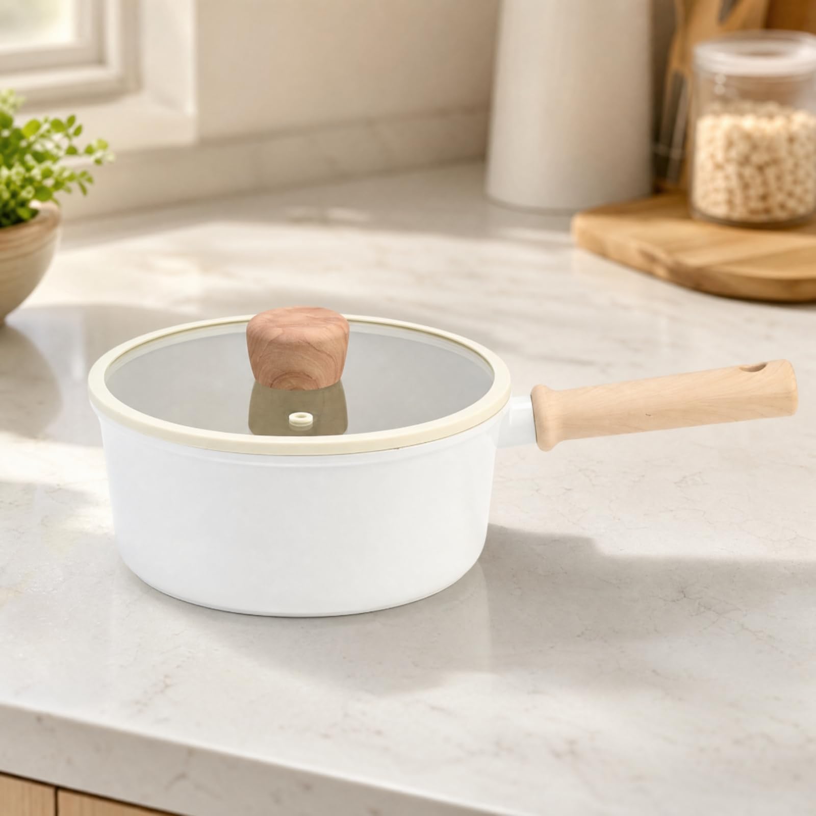 Ronyme Cazuela Antiadherente Pequeña Olla Aluminio con Mango Madera Compacto Olla 2,45 Litros para Cocina Casera, Conjunto 1