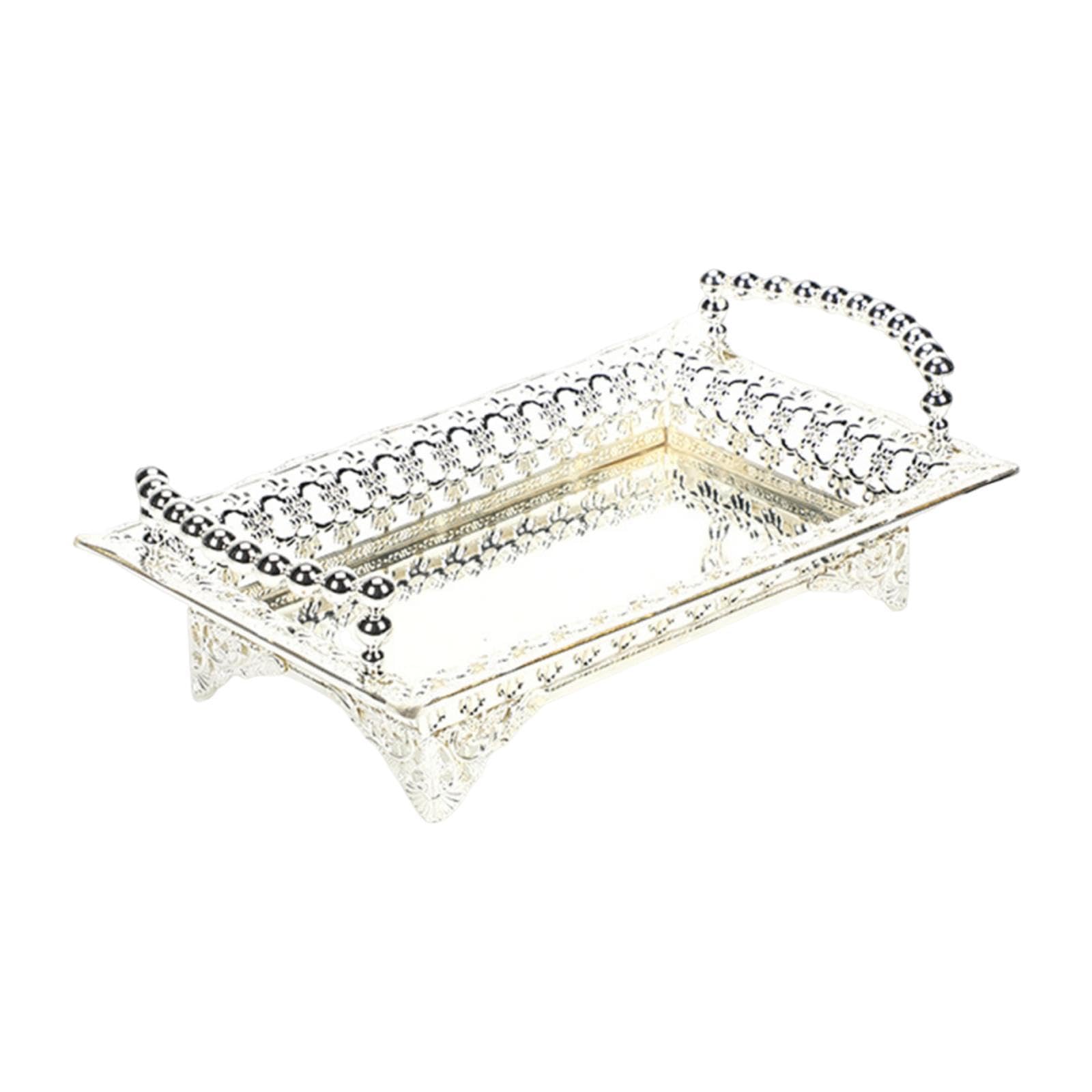 Serving Tray Tray for Serving Desserts and Fruits with Handle for Kitchen and Makeup Silver