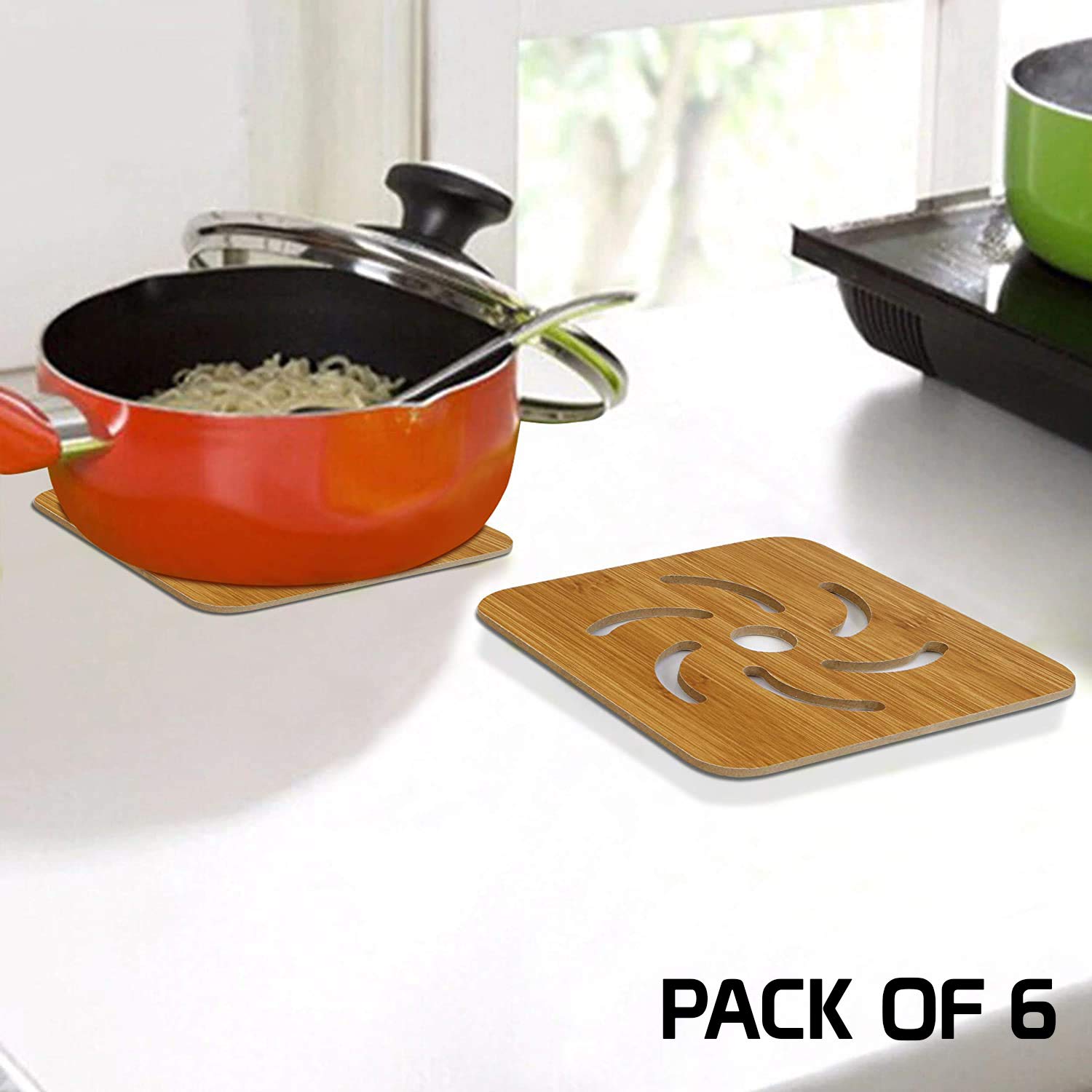HOKIPO® Eco-Friendly Bamboo Wooden Coasters for Home Pan Pot Holder for Dining Table Heat Pad for Kitchen - Pack of 6 (AR2919*6)