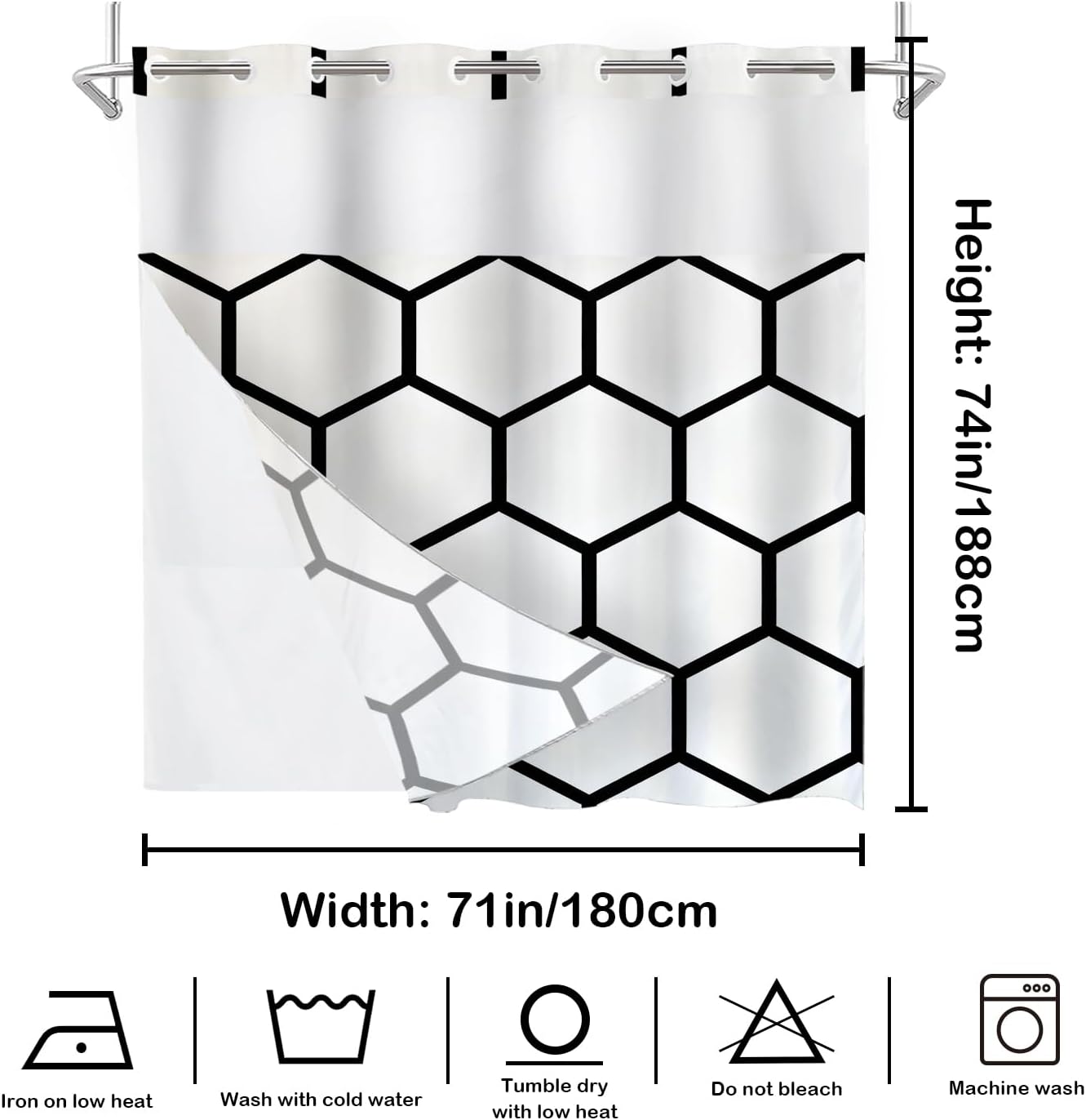 Batmerry Geometric No Hooks Shower Curtain with Snap in Liner Set, White Honeycomb Bathroom Decor Polyester Quick-Drying Waterproof for Bathtubs, 71X74 in
