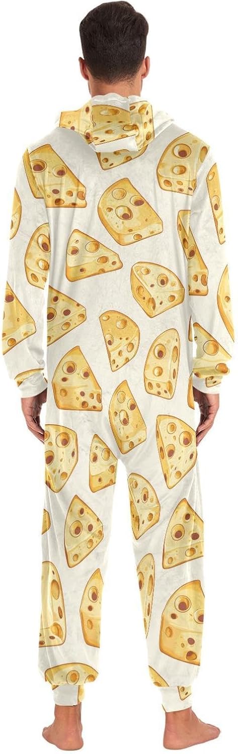 ZZKKO Cartoon Cheese Adult Onesie Pajamas for Women Men Cozy One Piece Pajamas Costume Zip-Up Hooded S-XL