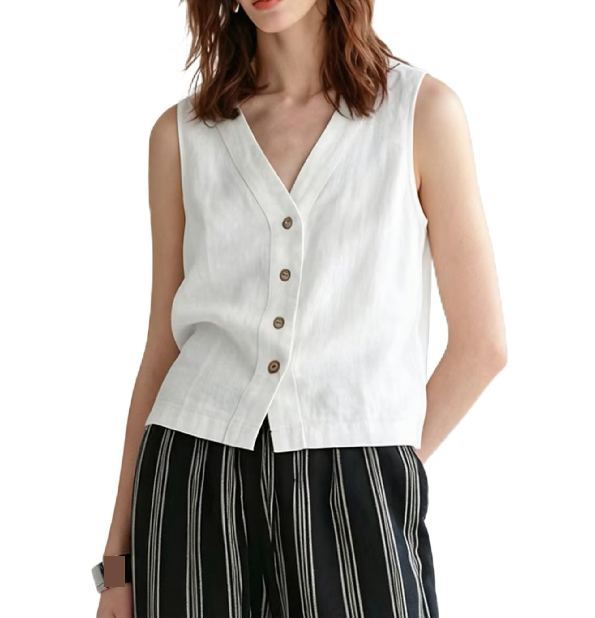 Gilet Donna Lino Scollo V Senza Maniche Bottoni