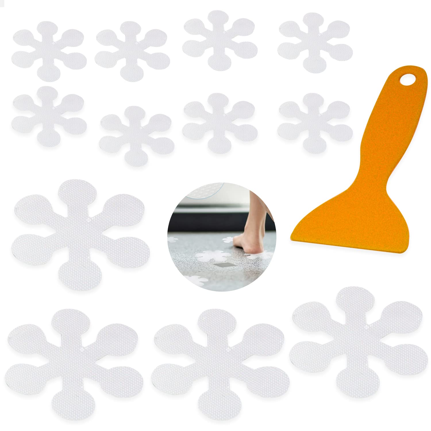 Lot De 20 Stickers Antidérapants Fleurs - Bandes Pour Baignoire Et Douche, Transparents, Avec Grattoir Silicone