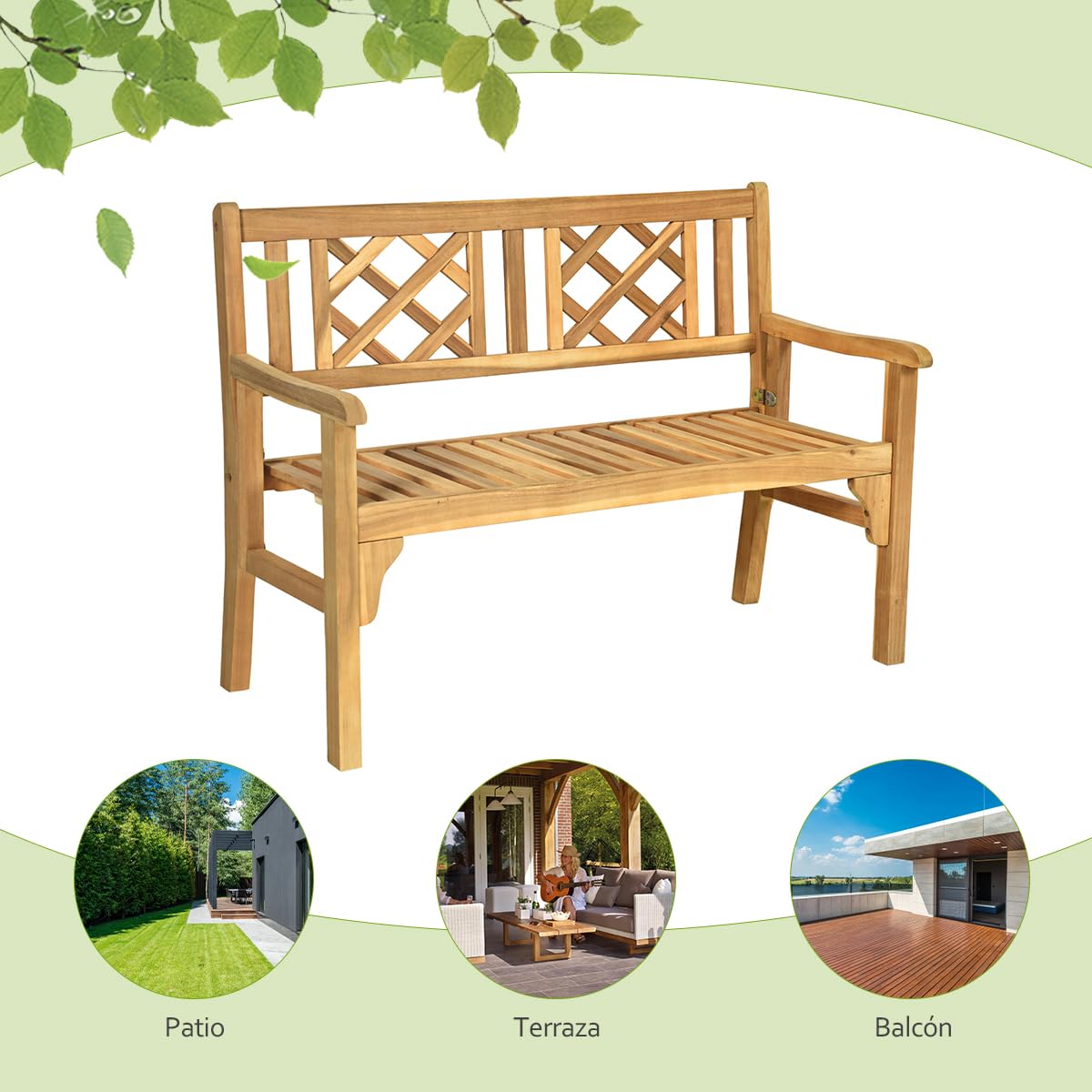 RELAX4LIFE Banco de Jardín Plegable de Madera Acacia con Reposabrazos para 2-3 Personas, Banco Exterior Ergonómico para Terraza, Balcón y Jardín, 120 x 56 x 90 cm, Carga 320 kg, Natural