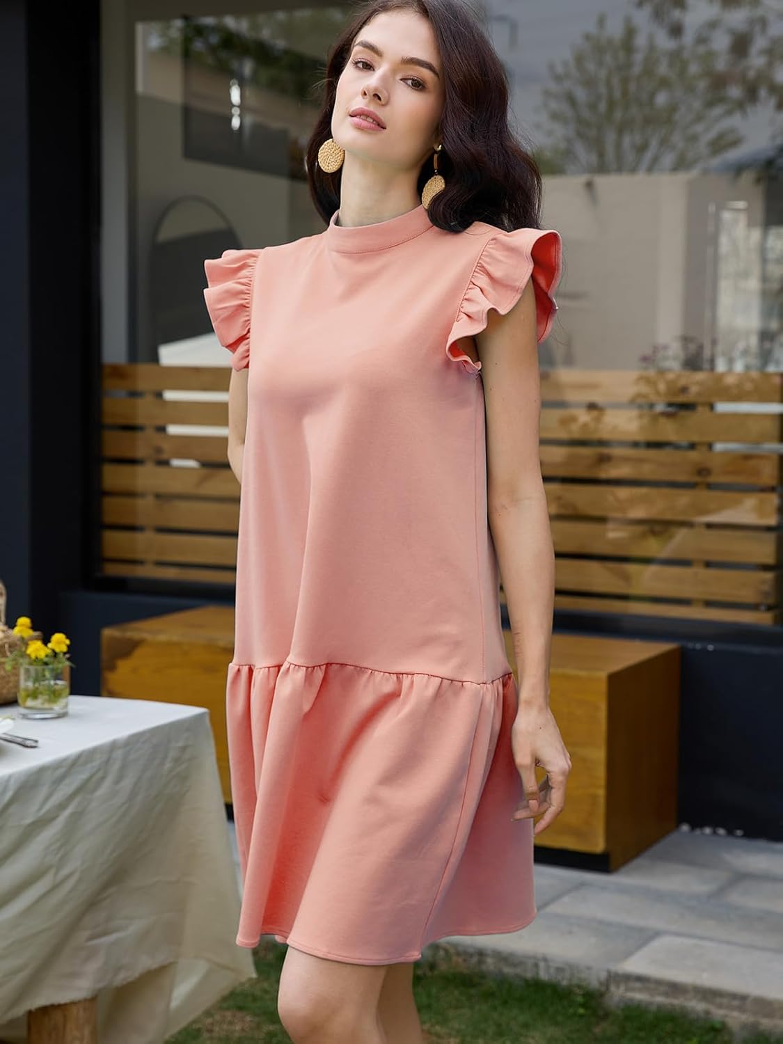 Women’s Ruffle Sleeve Mini Dress Summer Casual Crewneck Flowy A Line Short Babydoll Dress with Tiered Hem Lightweight Pullover Sundress Pink L - Image 2