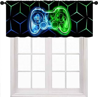 Kids Gamer Curtains Valance,Modern Green Blue Flame Video Game Graffiti Game Controller Small Window Treatment for Boys Teen Bedroom Living Room Playroom 1 Piece,54x18 Inch