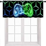 Lnepty Kids Gamer Curtains Valance,Modern Green Blue Flame Video Game Graffiti Game Controller Small Window Treatment for Boys Teen Bedroom Living Room Playroom 1 Piece,54x18 Inch