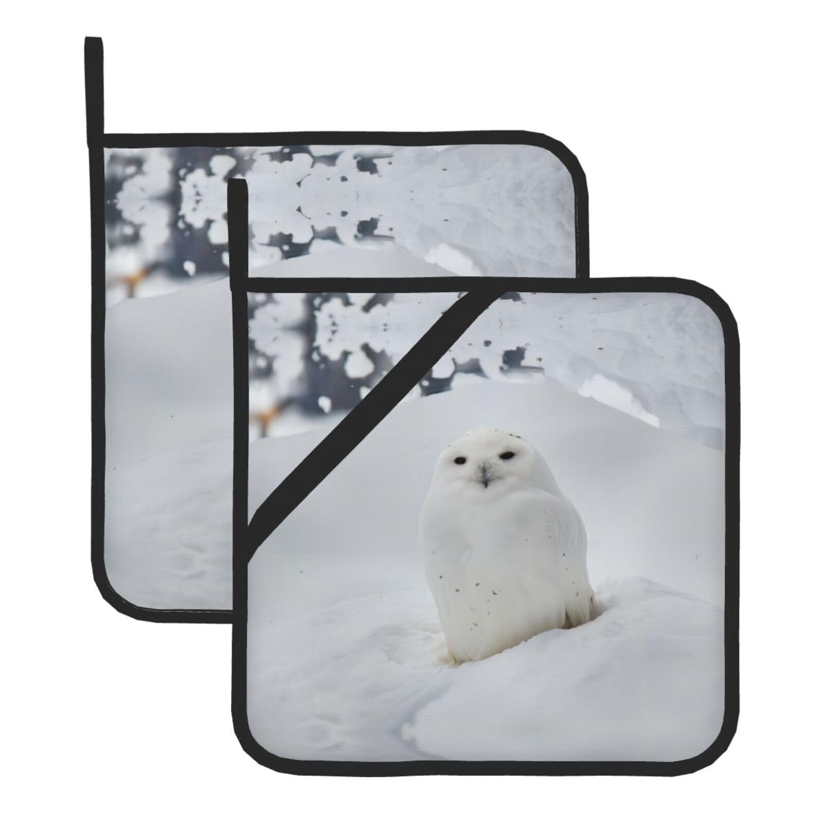 WHJSSF Snow Owl Prints Square Pot Holders - Heat Resistant Kitchen Trivets 2-Pack - Waterproof Covers for Hot Dishes, Oven & Grill with Hanging Loop