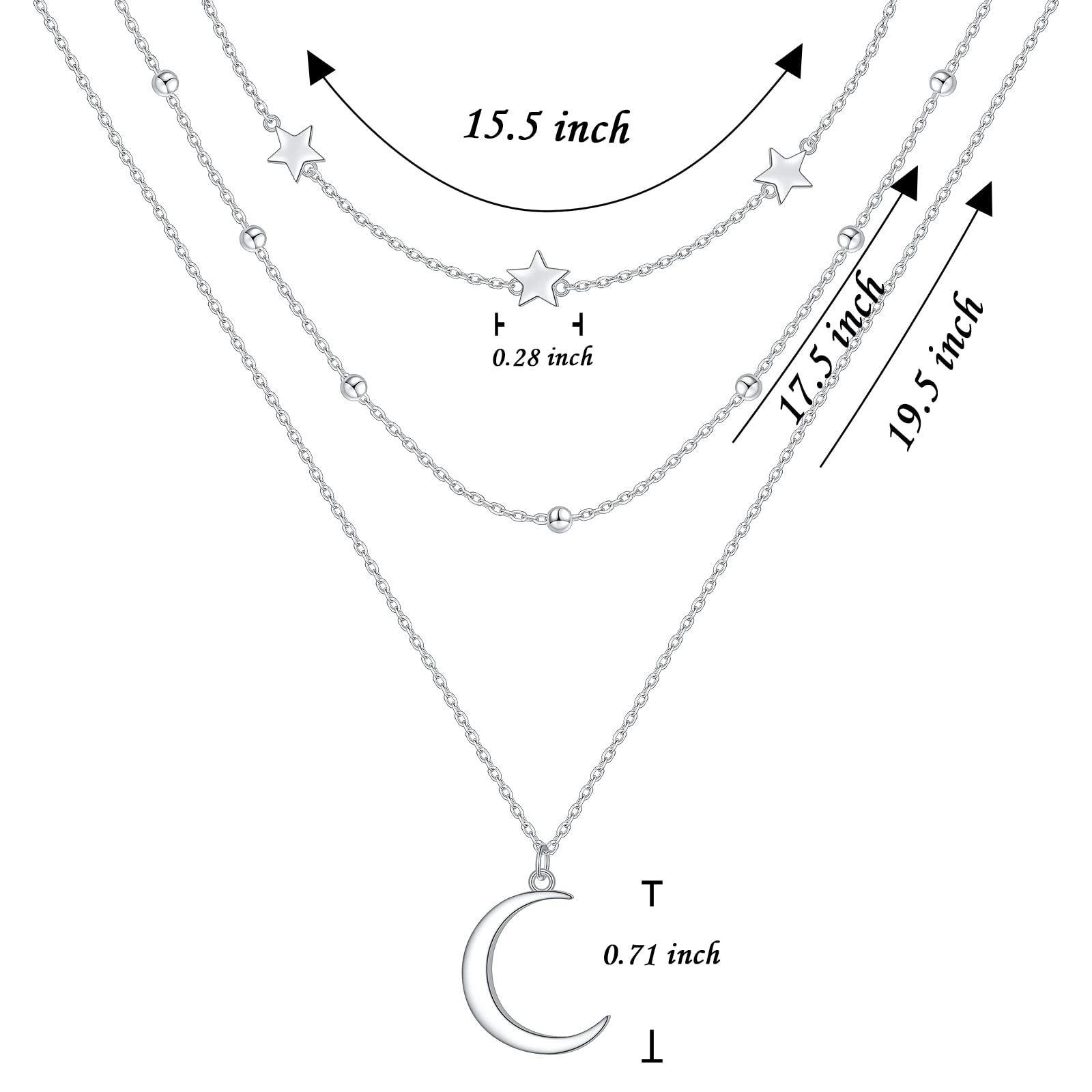 Collares de plata de ley 925 en capas, sol y luna, estrella, mal de ojo, círculo, barra, collar multicapa de triple cadena larga, colgante de clavícula en Y para mujer