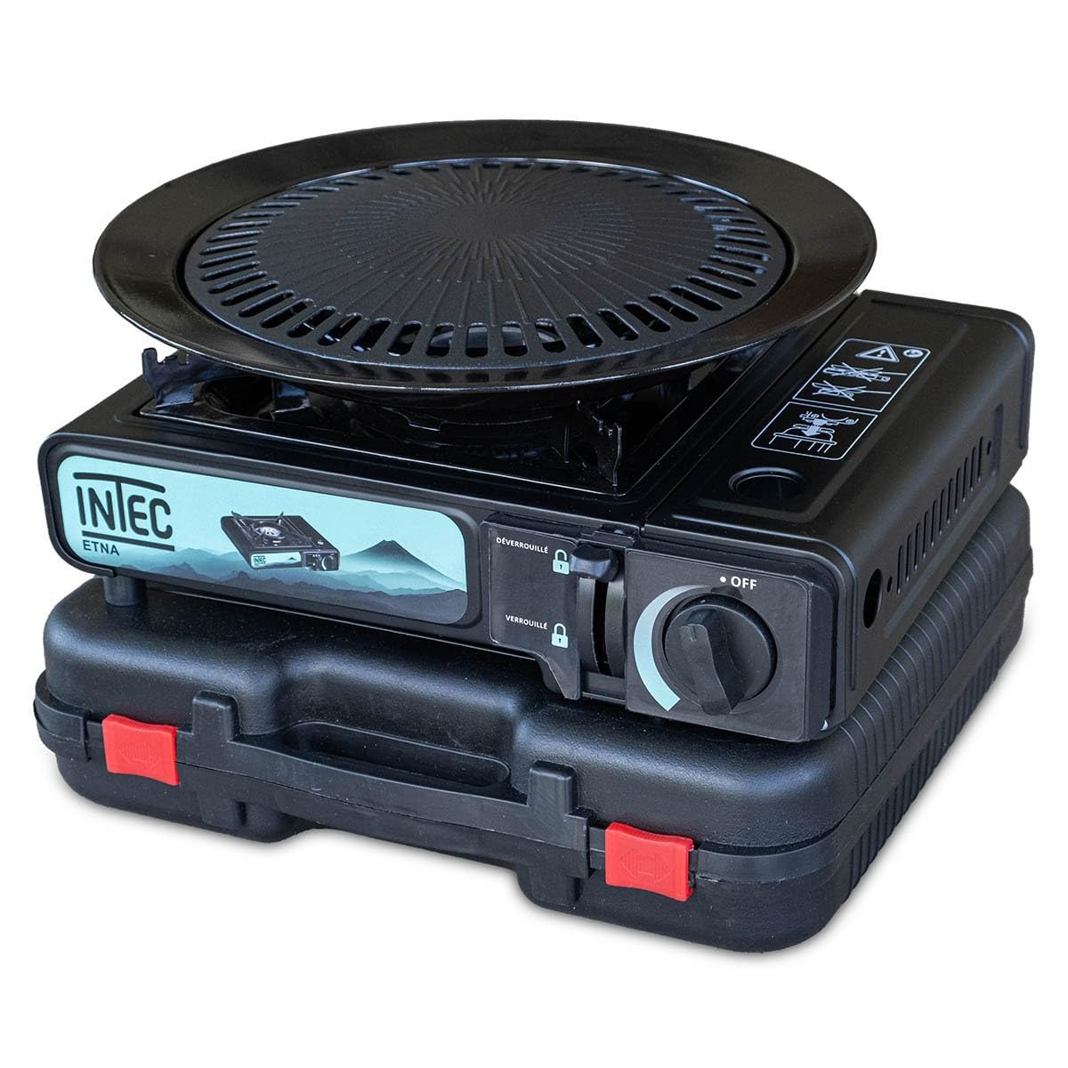 INTEC - Przenośna kuchenka gazowa Etna 2200 W + płyta grillowa Camping Zapłon Piezo walizka do gotowania na zewnątrz
