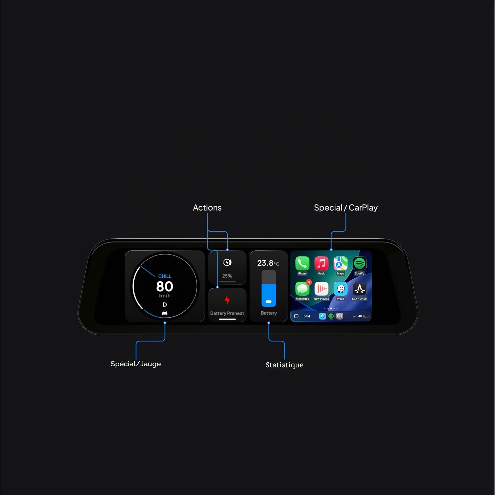 S3XY Dash pour Tesla (Affichage tête Haute, CarPlay, Android Auto) (avec Commander, modèle Y Juniper) – Écran Tactile QLED 9,6", Disposition Librement Personnalisable avec widgets Flexibles