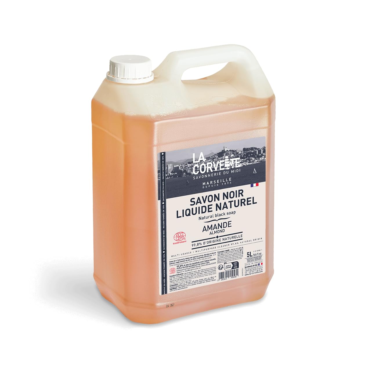 La Corvette - Savon Noir Liquide AMANDE à l'Huile de Lin - Nettoyant Multi-Usages - Dégraissant et Détachant - 5L - ECOCERT Ecodétergent