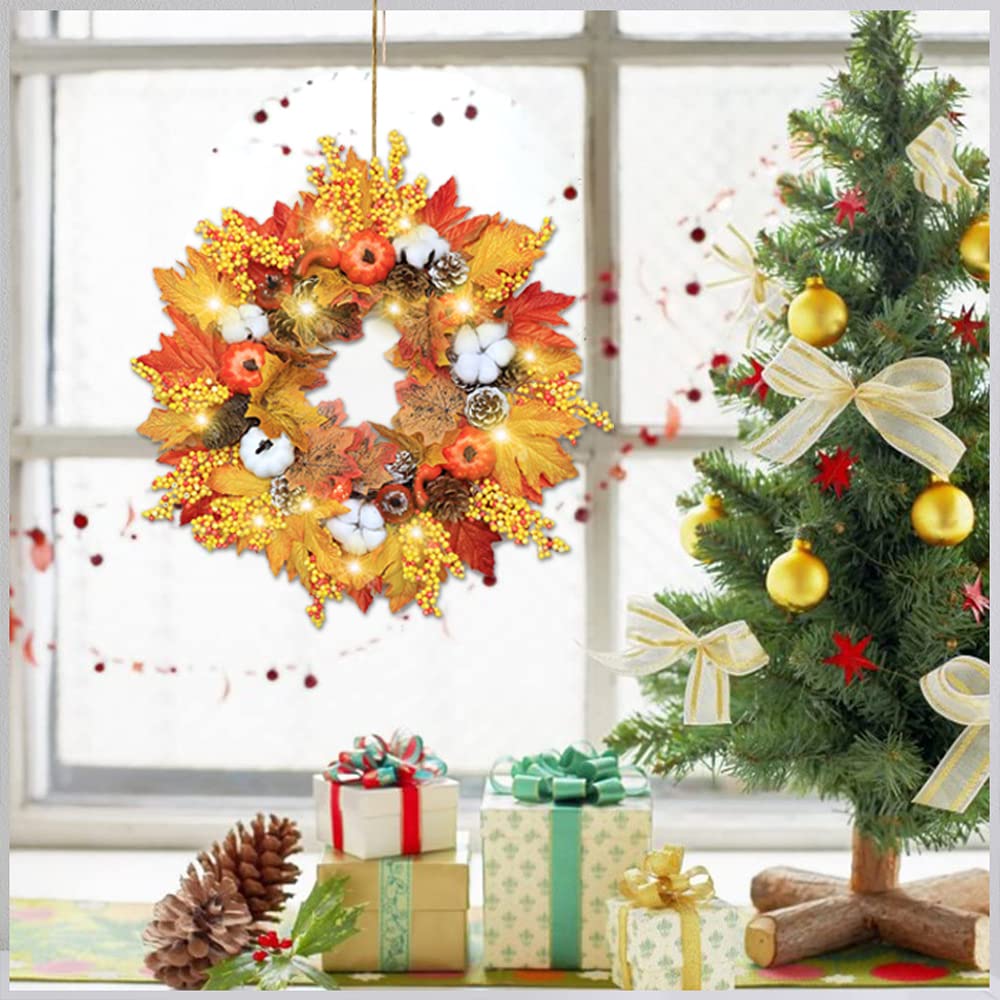 Guirnalda de simulación de otoño con luz LED 50 cm Hoja de arce Calabaza Guirnalda de bayas Guirnalda de puerta artificial de mimbre Colgante de pared Decoración de otoño para Halloween Acción de grac