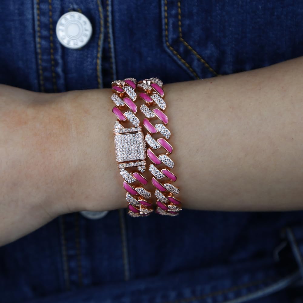 14K Gold Plated Pink Cubic Zirconia Cuban Link Tennis Bracelet for Women, Iced Out Pave Hip Hop Jewelry, AAA Grade CZ Fashion Accessories for Party Gifts - Image 2