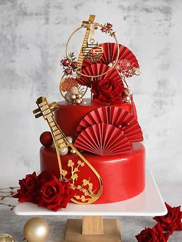 Decoración tradicional para tartas de boda, juego de 8-2 piezas de laúd, 5 abanicos y doble felicidad
