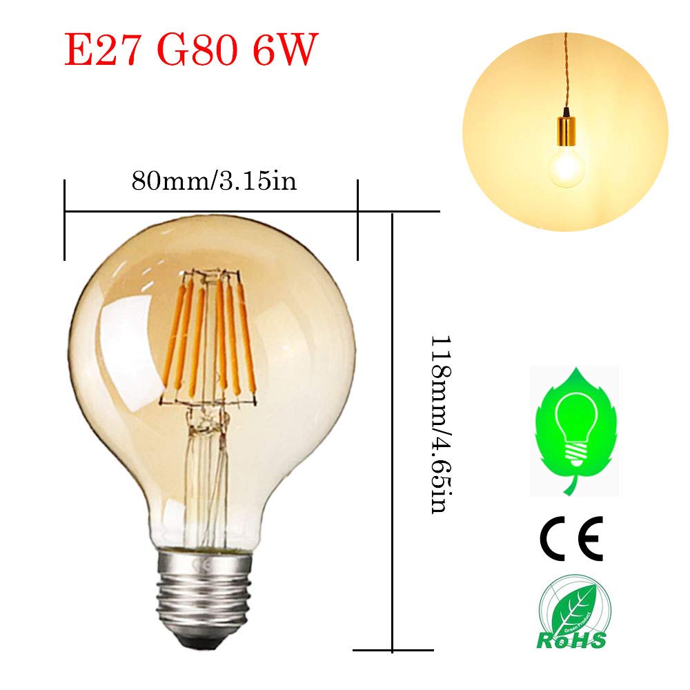 Bombilla de Filamento LED G80, Bombilla Espiral de Ahorro de Energía E27 6W No Regulable, Equivalente a Bombilla Incandescente de 60W, Bombilla LED Retro Ámbar, 2700K Blanco Cálido 9 Paquetes