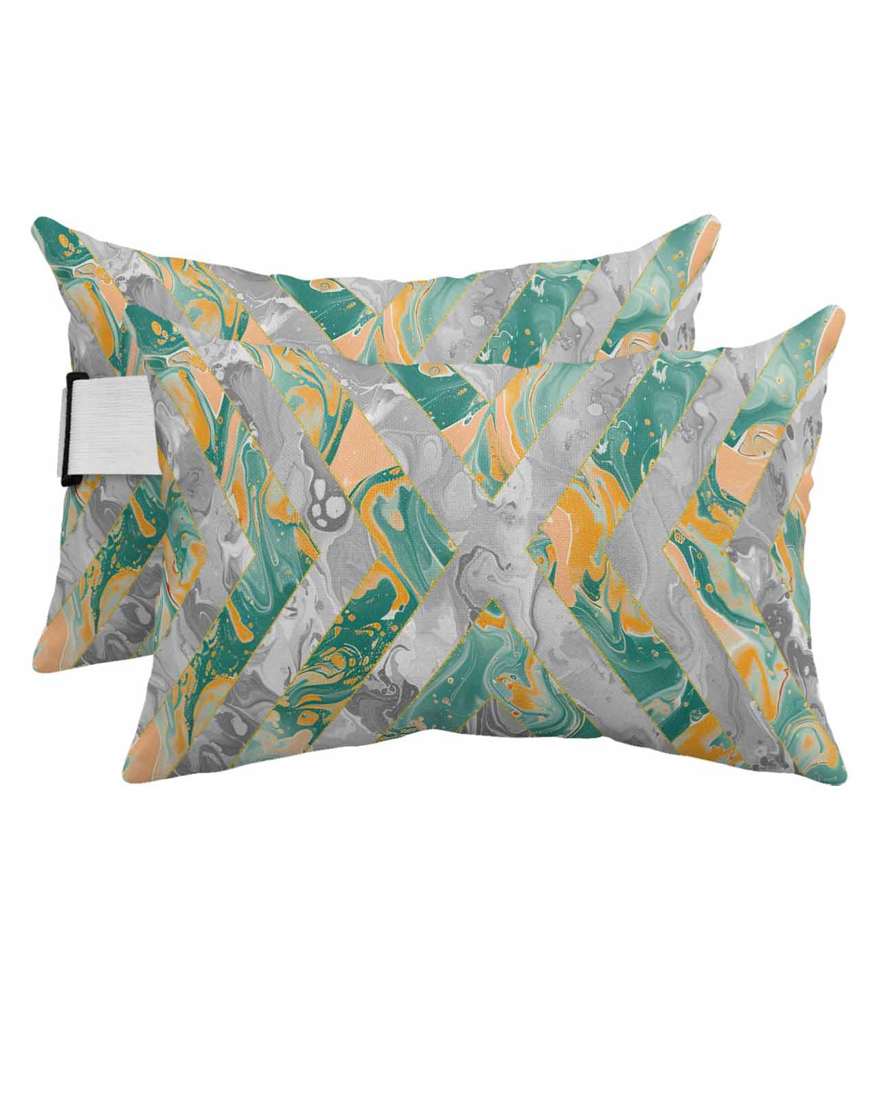 Outdoor Pillows Covers with Inserts Teal and Grey Marble Abstract Geometric Contemporary Art Waterproof Pillow with Adjustable Strap Throw Pillows for Patio Furniture Lounge Chair, 12x20 Inch, 2PCS