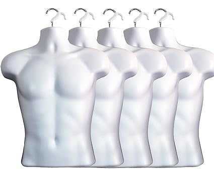 White Male Mannequin Hollow Back Body Torso Dress Form & Hanging Hook, S-M Sizes (5 Pack, White)
