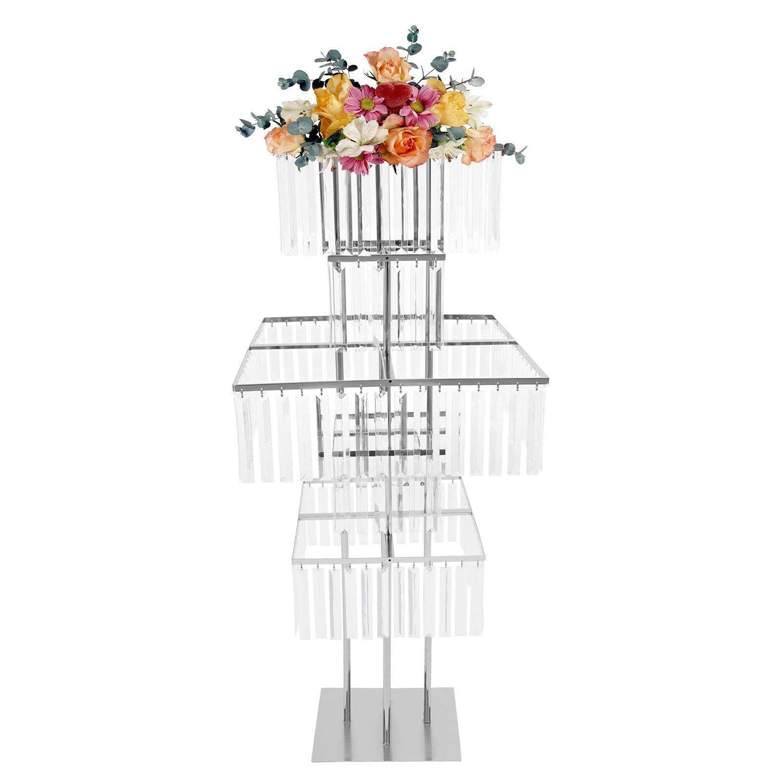 Ginelm 5 Tiers Wedding Centerpieces Vase, 49.2" Silver Acrylic Flower Vase with Hanging Crystals, Square Metal Pedestal Stand for Birthday Party Events Home Decor