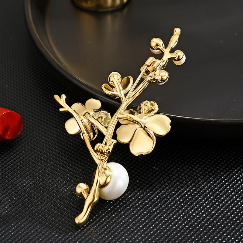 Image of Flower Floral Pearl Brooch Rhinestone Crystal Brooch Leaf Bouquet Brooch Pin Fashion Dress Accessories Birthday Graduation Jewelry Gift For Women