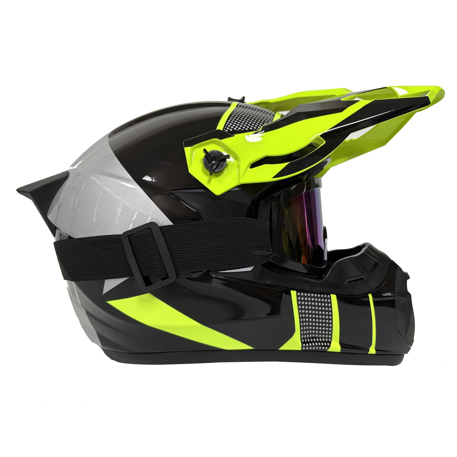 Motorradhelm Downhill Komplettset Kinder - Offroad Helm mit stylischem Heckflügel-Design, Vollvisier, Kinnschutz & Panorama-Brille + Atmungsaktivmaske für Dirt Bike/Quad/MTB(Bright yellow,XL(58~59cm))