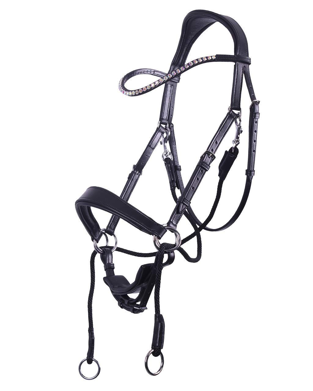 QHP Bridon équitation sans Mors Sunna - Noir - Cuir - Taille Demi-sang - Ludique - Équestrian - Doublement Réglable - Morsless Bridle - Bride