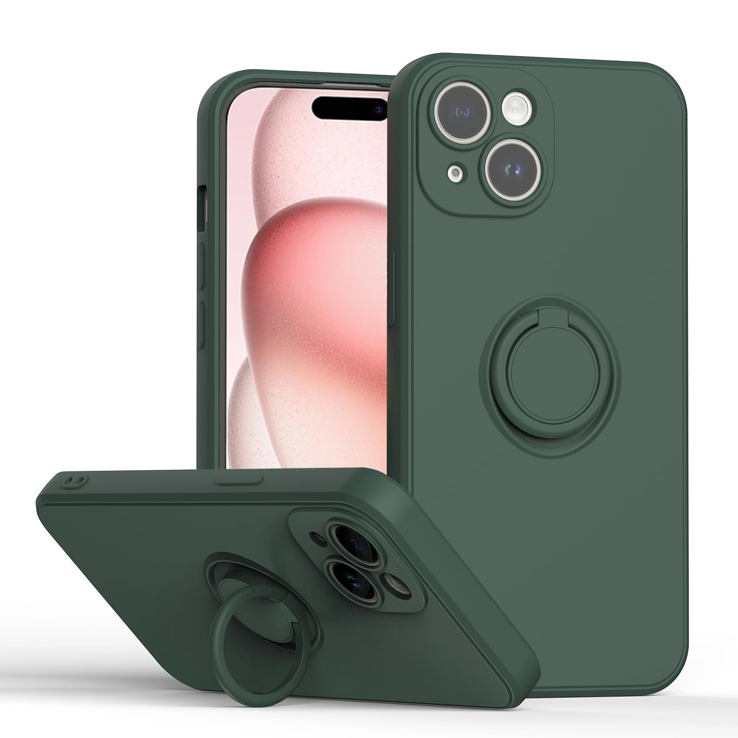 Hongxinyu for iPhone 15 2023 Case,Slim Liquid Silicone Ring Kickstand Soft Anti-Scratch Microfiber Lining Protection Bumper Case for iPhone 15 (Army Green)