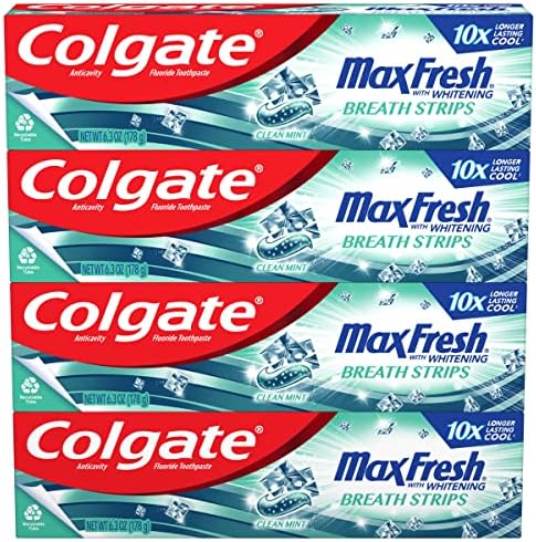Colgate Max Fresh Toothpaste, Whitening Toothpaste with Mini Breath Strips, Clean Mint Toothpaste for Bad Breath, Helps Fight Cavities, Whitens Teeth, and Freshens Breath, 4 Pack, 6.3 Oz Tubes