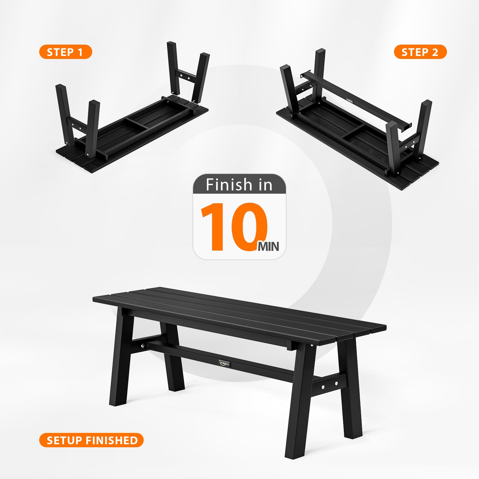 Bonnlo Banc de Jardin en Acier et HDPE, Banc Extérieur sans Dossier, Banquette de Jardin en Métal pour Patio, Terrasse, Balcon, Jardin, 118 x 36 x 42 cm (Noir)