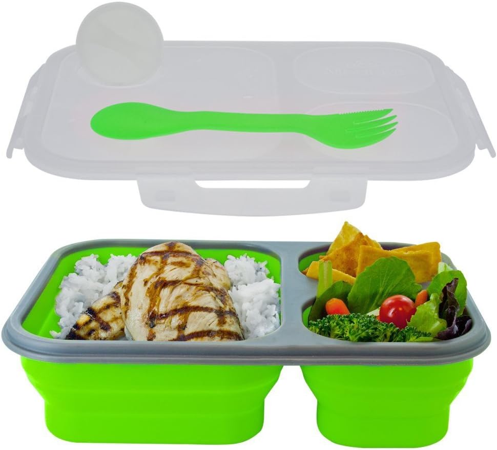 Smart Planet EC-34 Large 3-Compartment Eco Silicone Collapsible Meak Kit Lunch Box, Green
