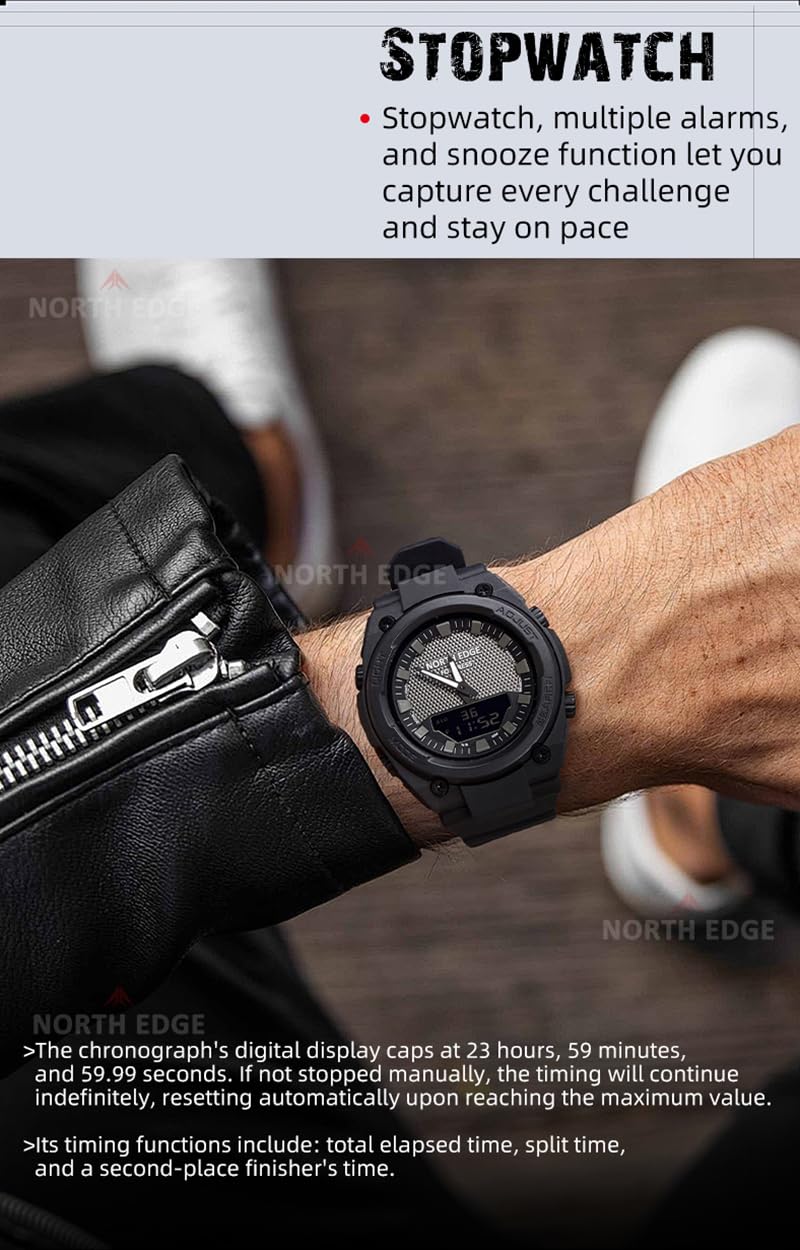 NORTH EDGE Fortress Watch on a wrist, showing the digital display with stopwatch function