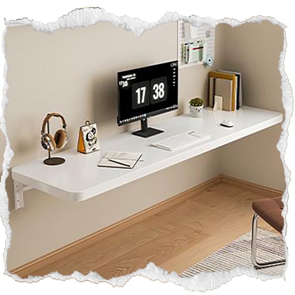 GJZQDKX Floating Desk for Small Spaces, Wall-Mounted Folding Table, Portable Workbench with Metal Shelf Bracket, Compact Fold Down Table (White, 80x30cm/32x12in)
