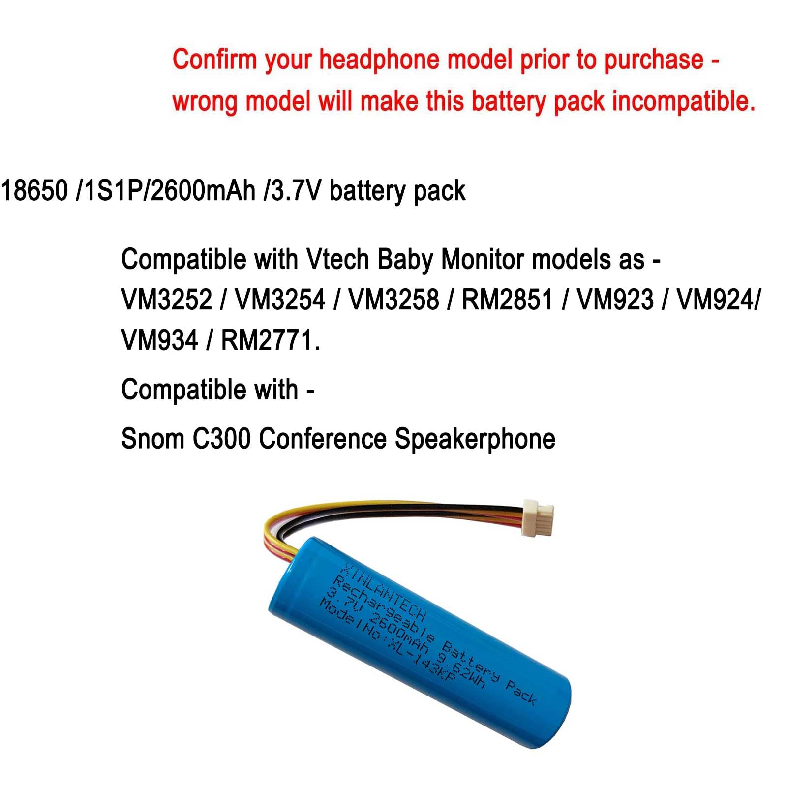 1ICR19/66 Batterie de rechange 3,7 V 2600 mAh pour Vtech VM3252, VM3254, VM3258, RM2851, VM923, VM924, VM934, RM2771 Video Babyphone Snom C300 Conférence Haut-parleur