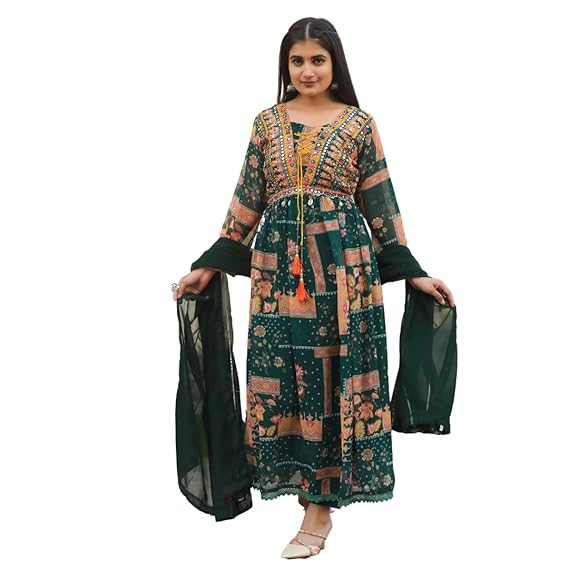 Women's Faux Georgette Anarkali Kurti With Matching Pant and Embroidered Work Heavy Matching Dupatta 3 piece Salwar Suit (Full Stitched)