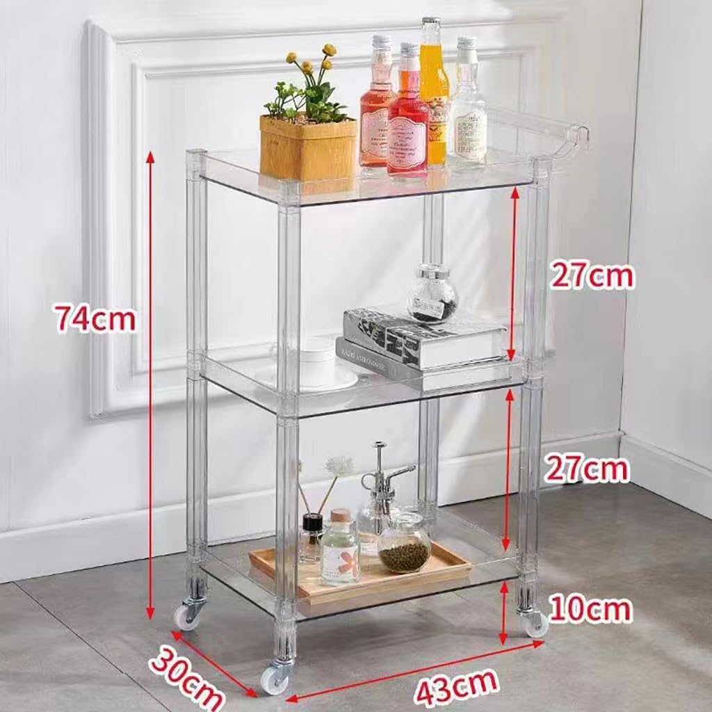 Acrylic Utility Rolling Cart,3-Tier Acrylic Bar Cart with Pulling Handle & 4 Wheels for Kitchen Living Room Dining Laundry,Clear Multifunction Small Spaces Rolling Serving (Size:29.13'' H,Color:Clear)