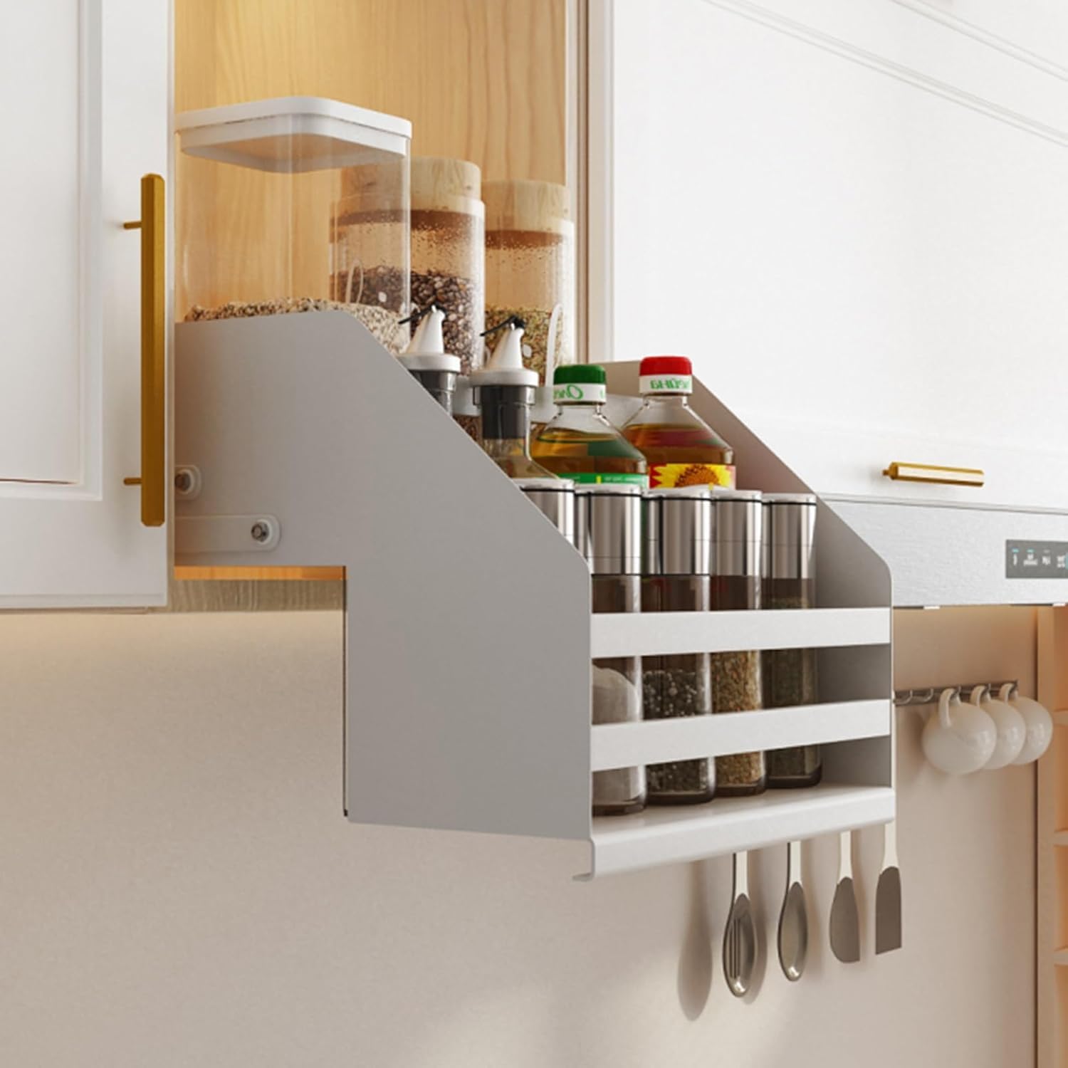 OLSKFUH Kitchen Storage Pullout Cabinet Organiser Hidden Kitchen Upper Cabinet Storage Pullout Telescopic Organiser For Spice Bottles And Spice Jars,2 Layers-One Size
