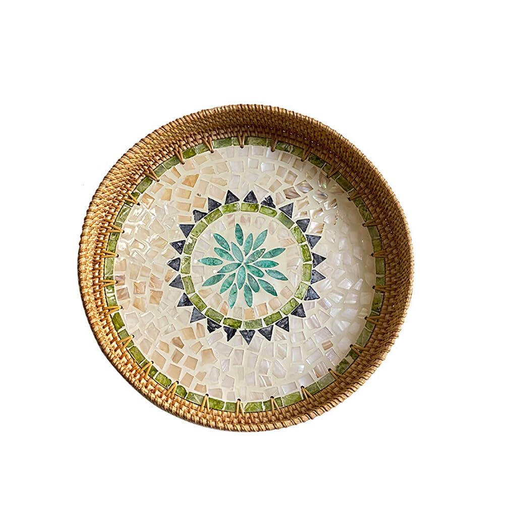 Bandeja de ratán para servir bandejas de conchas de colores, bandeja de exhibición de frutas, bandeja redonda de mimbre de mimbre de mimbre bandeja de ratán, cesta decorativa para servir, cesta de
