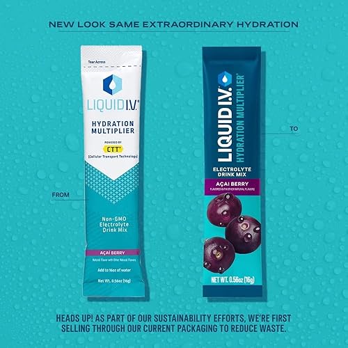 Miniatura 3 de Líquido I.V. Multiplicador de hidratación, polvo de electrolito, paquetes fáciles de abrir, bebida de suplemento (Acai Berry), 48